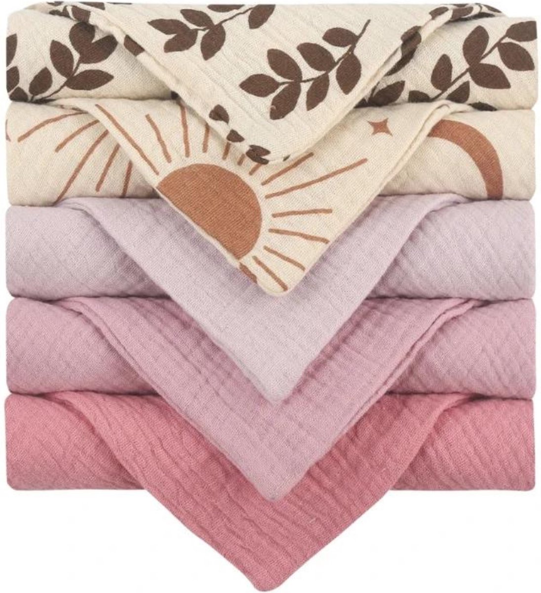 Goedkoopste Hydrofiele Doeken Baby - Babydoekjes Katoen - Monddoekjes - Spuugdoekjes - Washandjes - Baby - Hydrofiel - Ademend - Vocht Absorberend - Sneldrogend - Zacht - Creme Takjes Zonnetjes Paars Lila Roze - 5 stuks