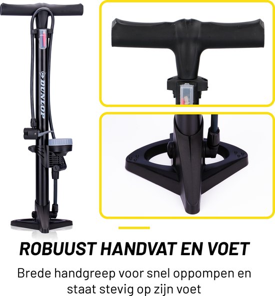 Dunlop Staande Fietspomp Pro uitvoering - Analoge Drukmeter - Dubbele Ventielkop - Zwart