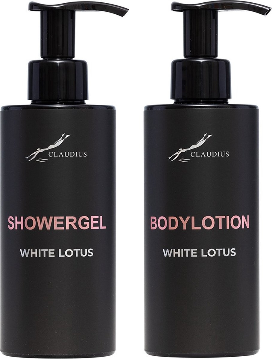 Goedkoopste Douchepakket White Lotus - Showergel Bodylotion - 300 ml per fles - Claudius Cosmetics - bodycare - luxe fles - set van 2 stuks - Cadeau