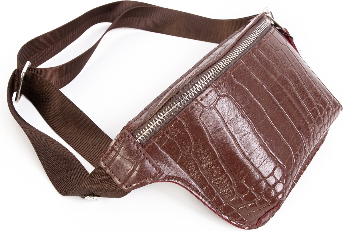 KIMU® Heuptasje Slangenleer - Roodbruin Rood Bruin Cognac - Fanny Pack Leren Heuptas Tas Leer Tasje Fannypack Krokodillenleer Slangenleren Festival