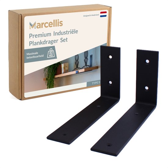 Ensemble de deux supports d'étagères industriels Marcellis noirs mats, type 5, avec emballage.