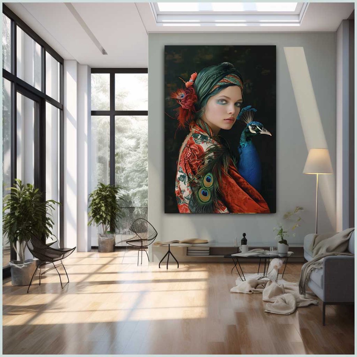 Canvas schilderij - Canvas - Staand - 50 x 70 cm - Portret - Mens - Dier - Pauw - Modern - Wanddecoratie - Muurdecoratie woonkamer - Uniek - Exclusief -Picturetopicture
