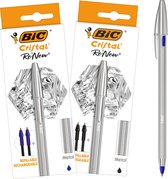 BIC Cristal Re'New Premium Navulbare Balpen - Blauwe en Zwarte Pen met 4 Navullingen - Medium Punt 1,0 mm - 2 stuks