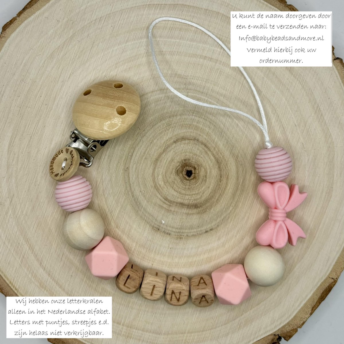 Goedkoopste Babybeads - Speenkoord met naam - Zachtroze strik - Gepersonaliseerd kraamcadeau