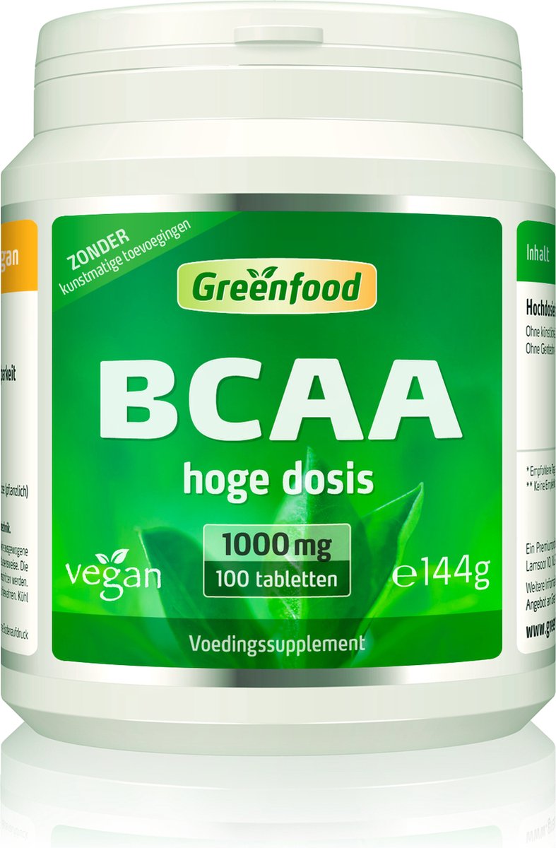 Goedkoopste Greenfood BCAA, 1000 mg, hoge dosering, 100 tabletten, veganistisch. Zonder kunstmatige toevoegingen. Zonder genetische manipulatie.