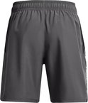 Achterkant van donkergrijze sportbroek met elastische tailleband.