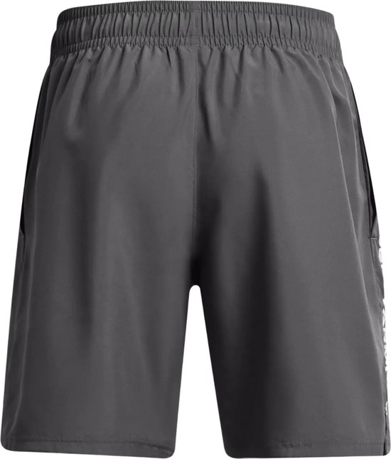 Achterkant van donkergrijze sportbroek met elastische tailleband.