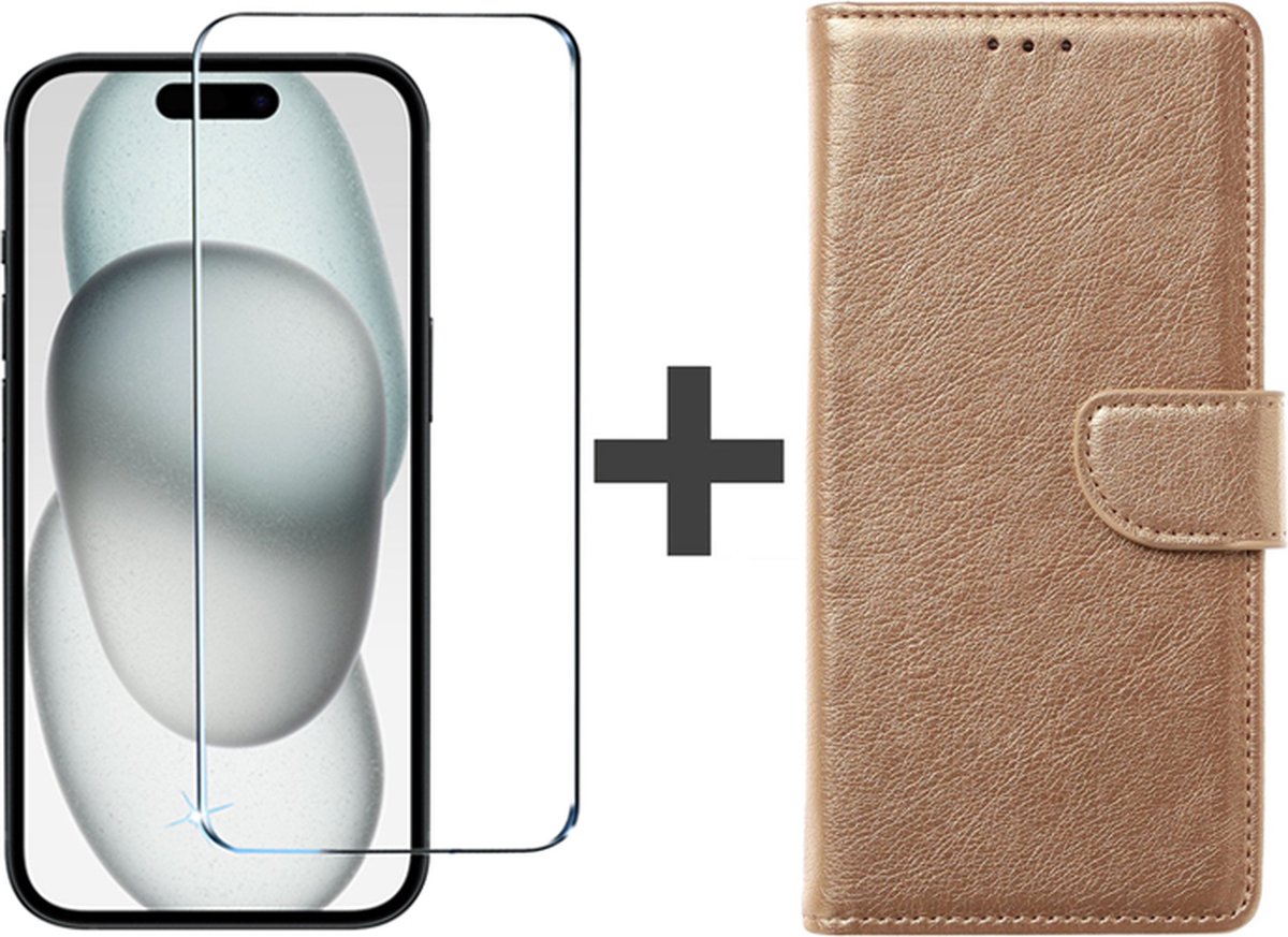 BixB hoesje met Screenprotector Geschikt voor iPhone 15 – bookcase met pasjeshouder - Goud