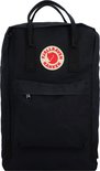 Zwarte Fjällräven Kånken rugzak met rond logo, voorvak met rits en lus.