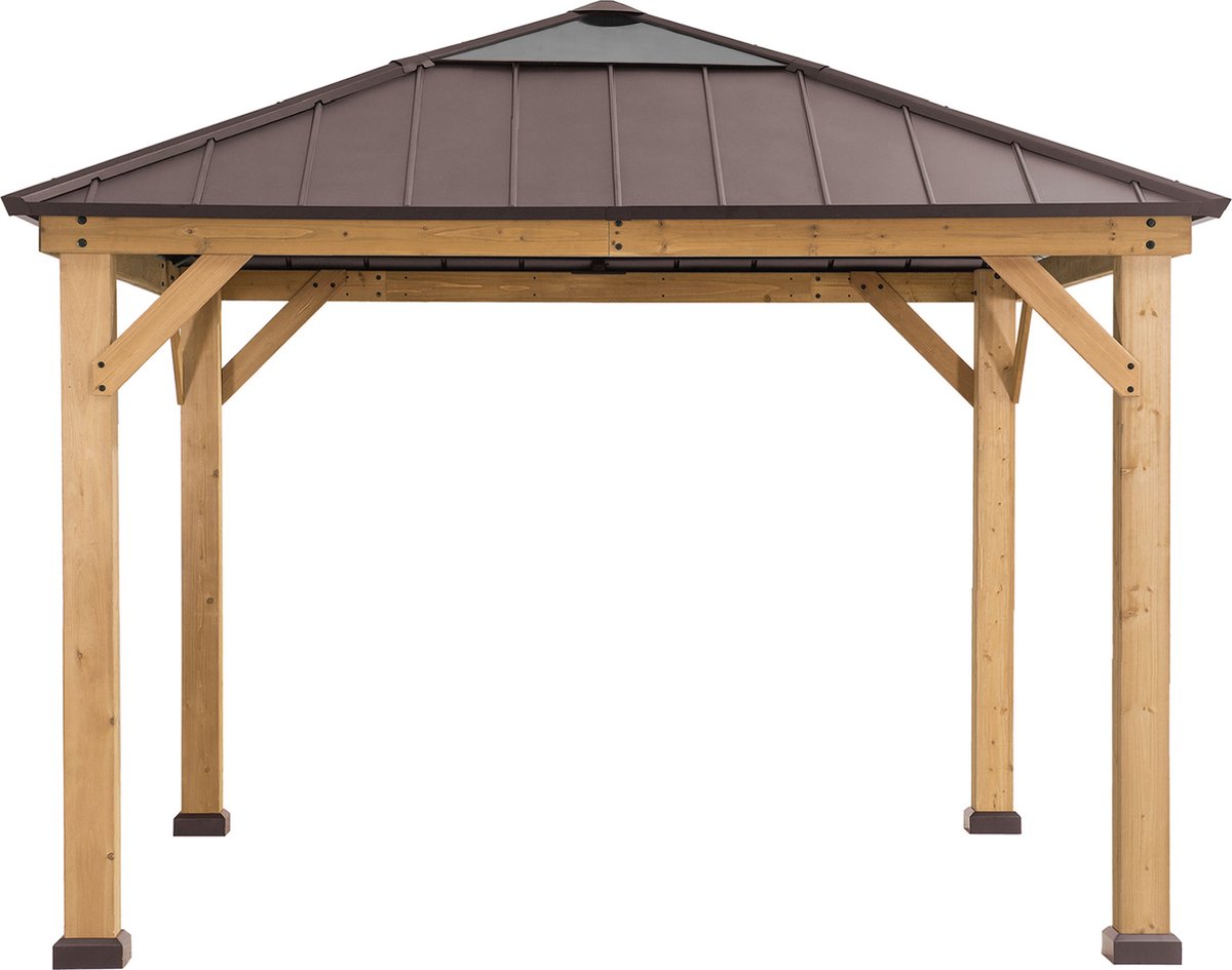 Gazebo luxe tuinpaviljoen in cedarwood/bruin powder coated staal met lichtdoorlatende hard-top 335 x 335cm