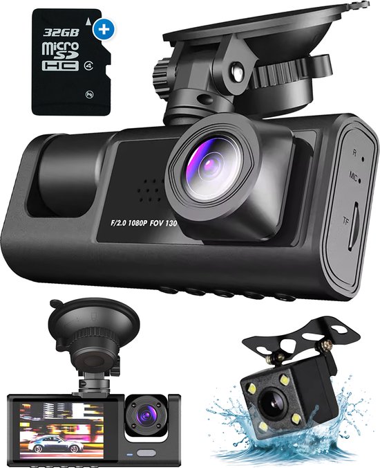 Fleau Tech Dashcam Voor Auto 3 in 1 - Voor en Achter Camera - Bewegingsdetectie en Parkeerstand - G-Sensor - Full HD - 170° Groothoeklens - Loop Recording - Micro SD-kaart 32 GB