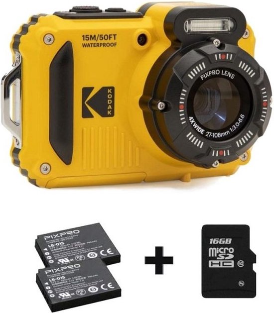 Kodak WPZ2 - Compactcamera - Onderwatercamera - 16 megapixel - Geel + Extra accu + 16GB geheugenkaart