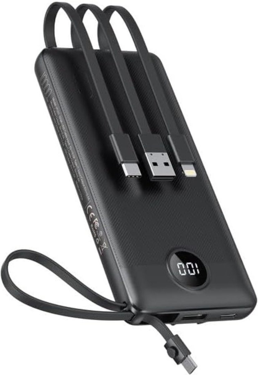 Powerbank USB-C Snellader LED-Display Draagbare Oplader Ingbouwde Kabels 10000mAh