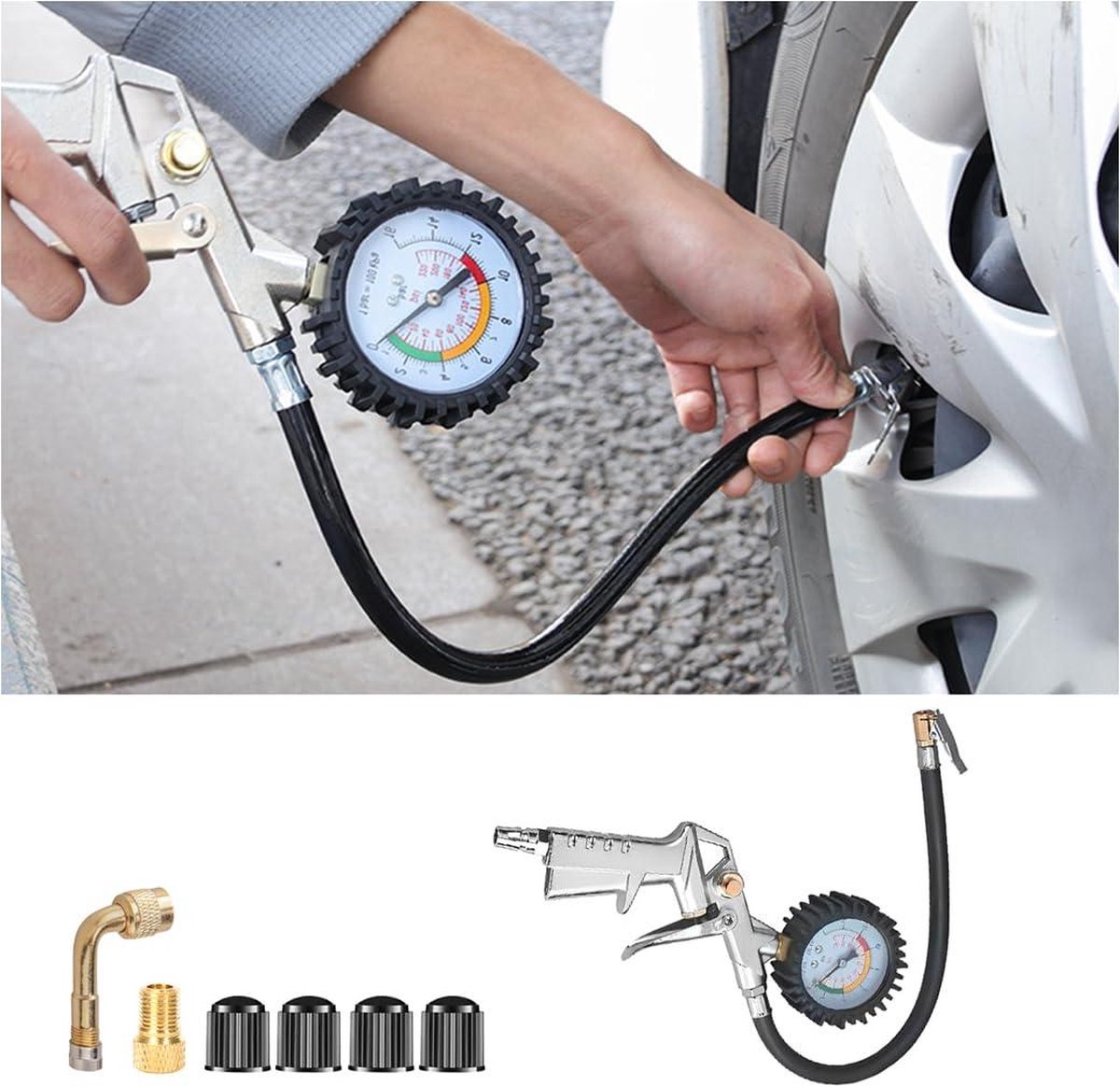 Bol.com Bandenpomp met drukmeter multifunctionele luchtdrukmeter-ventielkerngereedschap 220 psi luchtcompressoraccessoires voor ... aanbieding