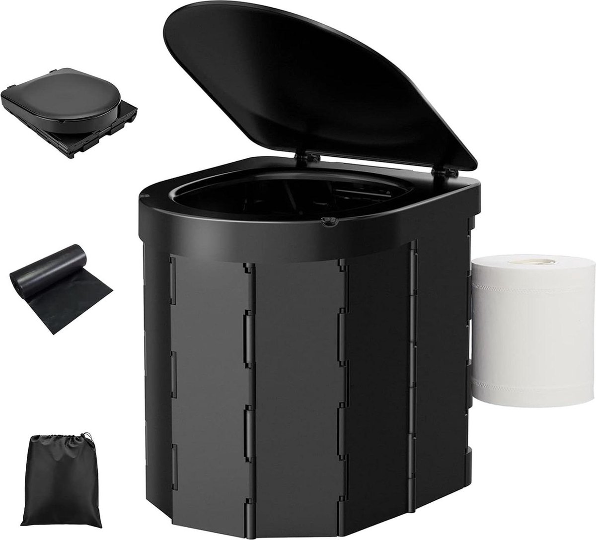 Campingtoilet voor Volwassenen - Draagbaar en Opvouwbaar Toilet met Stevige Ondersteuning en Comfortabele Zitting - Deksel en Toiletrolhouder - Kamperen, Reizen, Auto