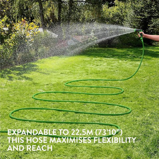 Vankarr Flexibele tuinslang, 30 m, uitbreidbare tuinslang, 1/2 en 3/4 kraanaansluiting, sproeikop met 8 functies, met opbergtas, slanghouder, waterslang voor tuin, camper, camping