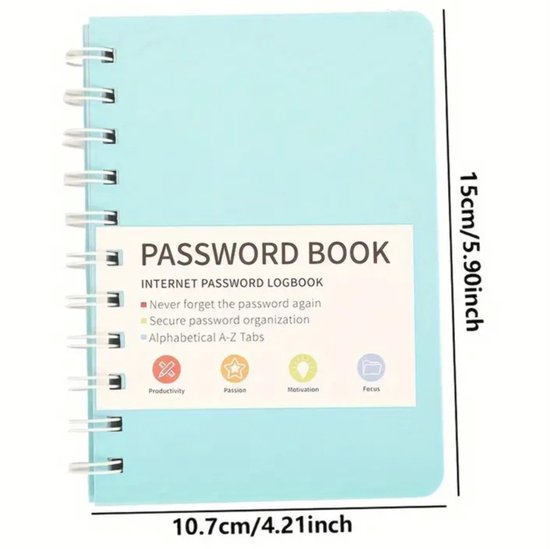Wachtwoordenboekje - wachtwoord - password - blauw - klein boekje - boekje voor je wachtwoorden - boekje voor wachtwoorden - Wachtwoord organizer - Spiraalgebonden - Alfabetische Tabbladen - Ideaal voor Thuis - Kantoor - Internet - Computer - Login