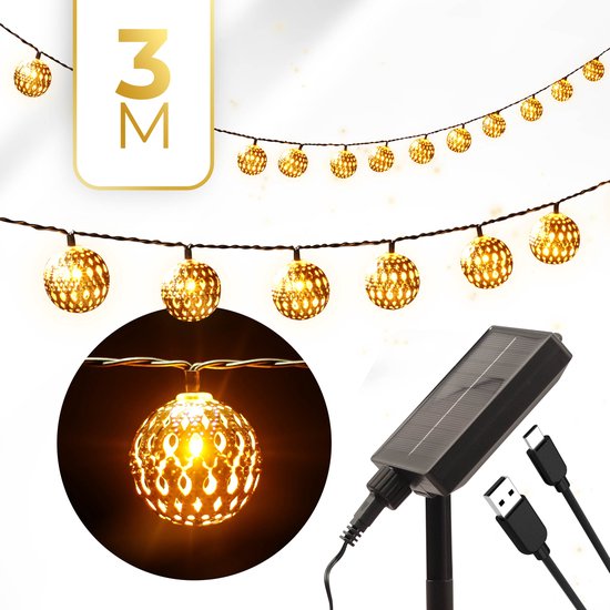 KENN® 2-in-1 Marrakech Lichtsnoer op Zonne-energie - 20 LED's - 12+ Branduren - Solar/USB Oplaadbaar - Voor Binnen/Buiten - Weerbestendig - Kampeerverlichting Op Zonne-energie - Tuinverlichting op Zonne-energie - Sfeerverlichting - Buitenverlichting