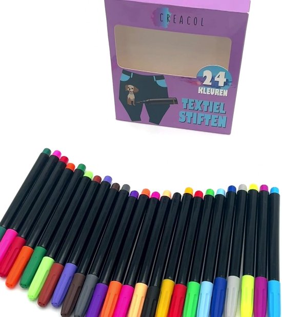 CREACOL Textielstiften voor kinderen - 24 stuks - Textielmarkers - Kleding Stiften - Textielstift