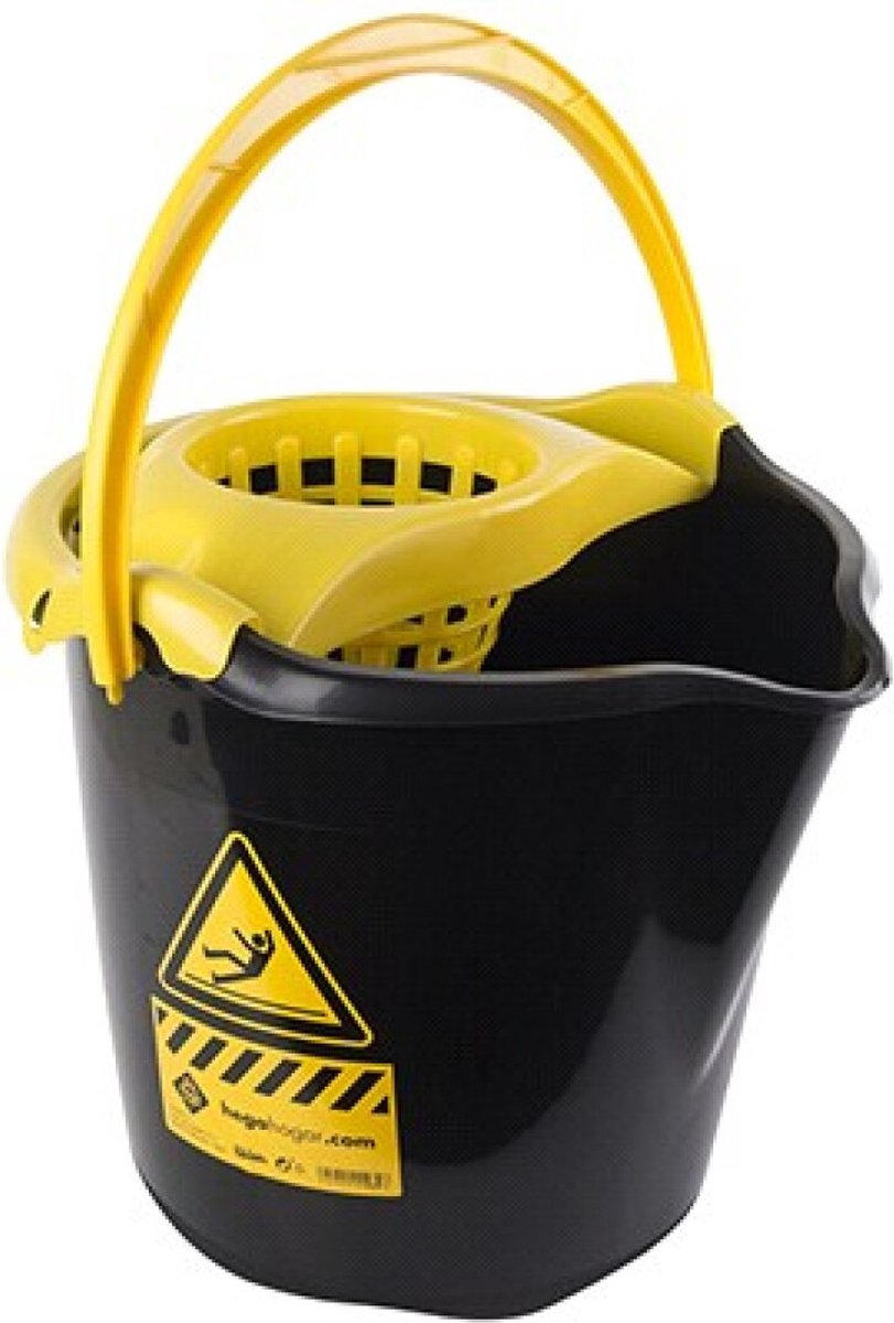 Goedkoopste 1x Dweilemmers/mopemmers 13,5 liter zwart/geel caution 32 x 30 cm - Vloer reinigen/dweilen - Kunststof/plastic dweil emmer - Schoonmaakartikelen