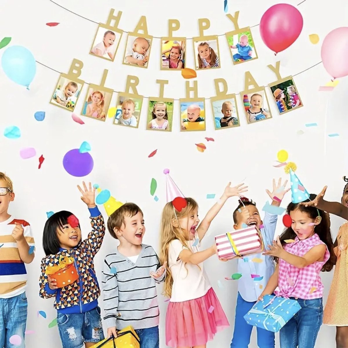 Joya Party® Happy Birthday Slinger met Foto's Goud | Verjaardagsslinger met Fotoplekken | Feestfoto vlaggen | Feestdecoratie | Slinger 1 jaar verjaardag | Kamerdecoratie Feestje — afbeelding 3