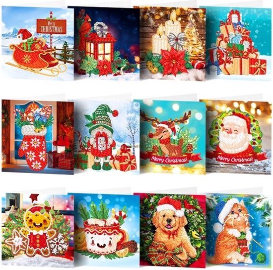 Foto: Diamond painting kerstkaarten kerstkaarten 12 kaarten inclusief enveloppen ronde steentjes compleet hobbypakket