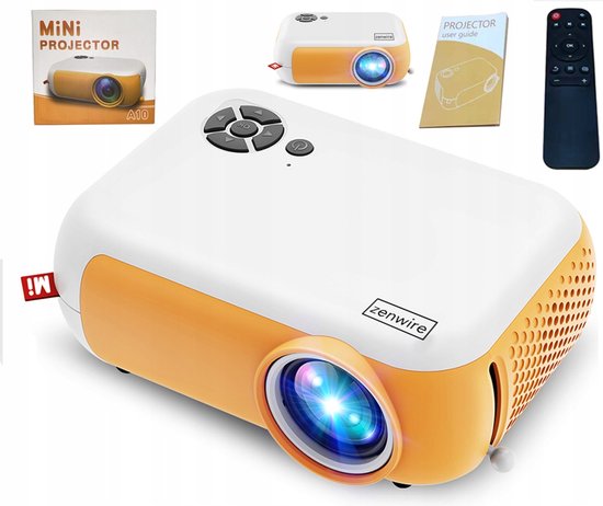 Mini Beamer Zenwire A10 Geel - Beamer - Mini Projector 1800 lm/ 60 ansi - Full HD 1920x1080p - Projector Streamen - HDMI, mini Jack, USB, micro SD, micro USB