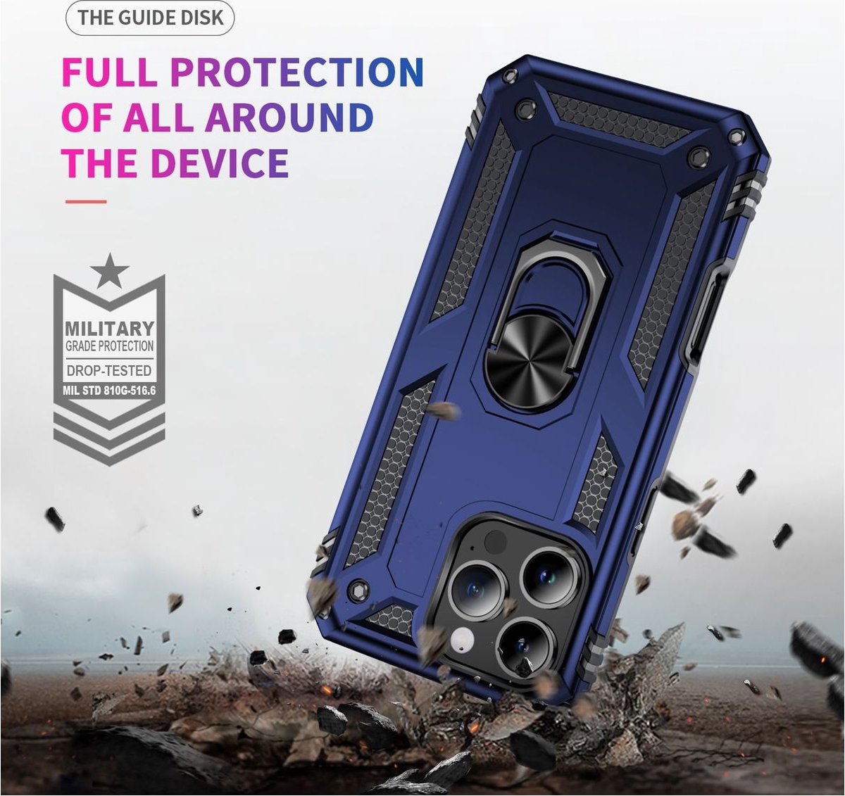 Mobigear Hoesje geschikt voor Apple iPhone 16 Pro Max Telefoonhoesje Hardcase | Mobigear Armor Ring Backcover Shockproof met Ringhouder | Schokbestendig iPhone 16 Pro Max Telefoonhoesje | Anti Shock Proof - Blauw