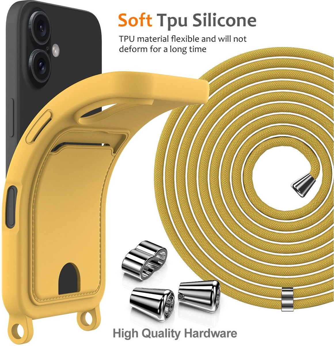 Mobigear Telefoonhoesje geschikt voor Apple iPhone 16 Siliconen met Kaarthouder | Mobigear Lanyard Card Hoesje met koord en Pasjeshouder | Kaarthouder voor 1 Pasje | hoesje met koord Telefoonhoesje voor Pinpas / OV Kaart / Rijbewijs - Geel