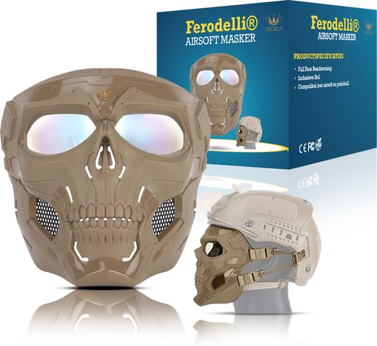 Ferodelli Airsoft Masker - Full Face - Met Bril - Paintball - Mask - Tactical Helmet - Helm - Beige