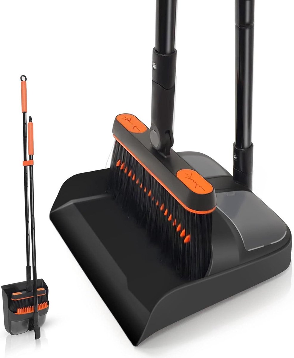Goedkoopste Bezem Stofpan en borstelset met lange steel - Tall 180 graden roterende veegborstel - Huishoudelijke stofpan met kamtanden - Binnen buiten tuin thuis kamer keuken kantoor lobby - Oranje en zwart