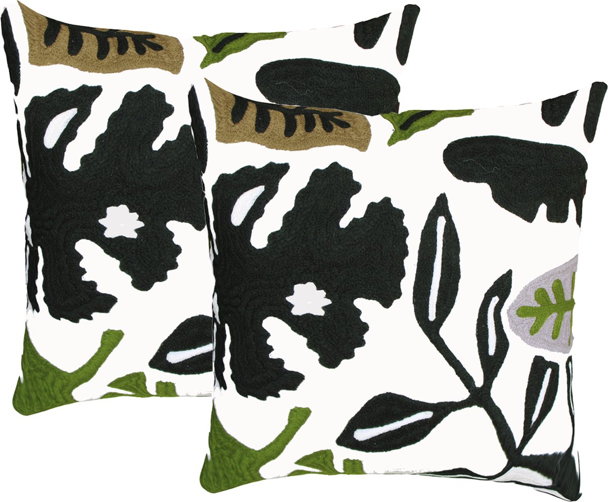 Urbane Hide Set van 2 kussenhoes 45x45 cm | Kussens woonkamer | kussensloop | sierkussens | cushion cover | katoen | Full bookley embroidery wit