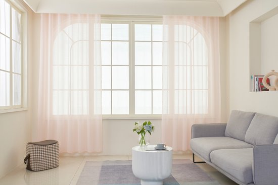 Maroyathome Bibiana - Vitrage - Kant en klaar - Plooiband - Loodveter - Schelphaken - Embrasse - ROZE - 200 x 250 cm - 200 cm breed - 250 cm lengte - 1 stuks