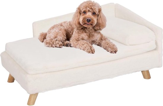 Foto: Luxe hondenbank met rugleuning en pluche kussen houten poten verhoogd hondenbed voor middelgrote en kleine honden kattenbank voor grote katten 80 x 50 x 39 cm beige hondenbench