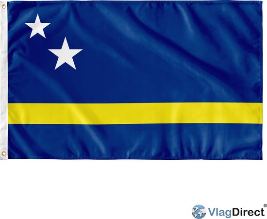 De vlag van Curaçao, met een blauwe achtergrond, een gele streep en twee witte sterren.