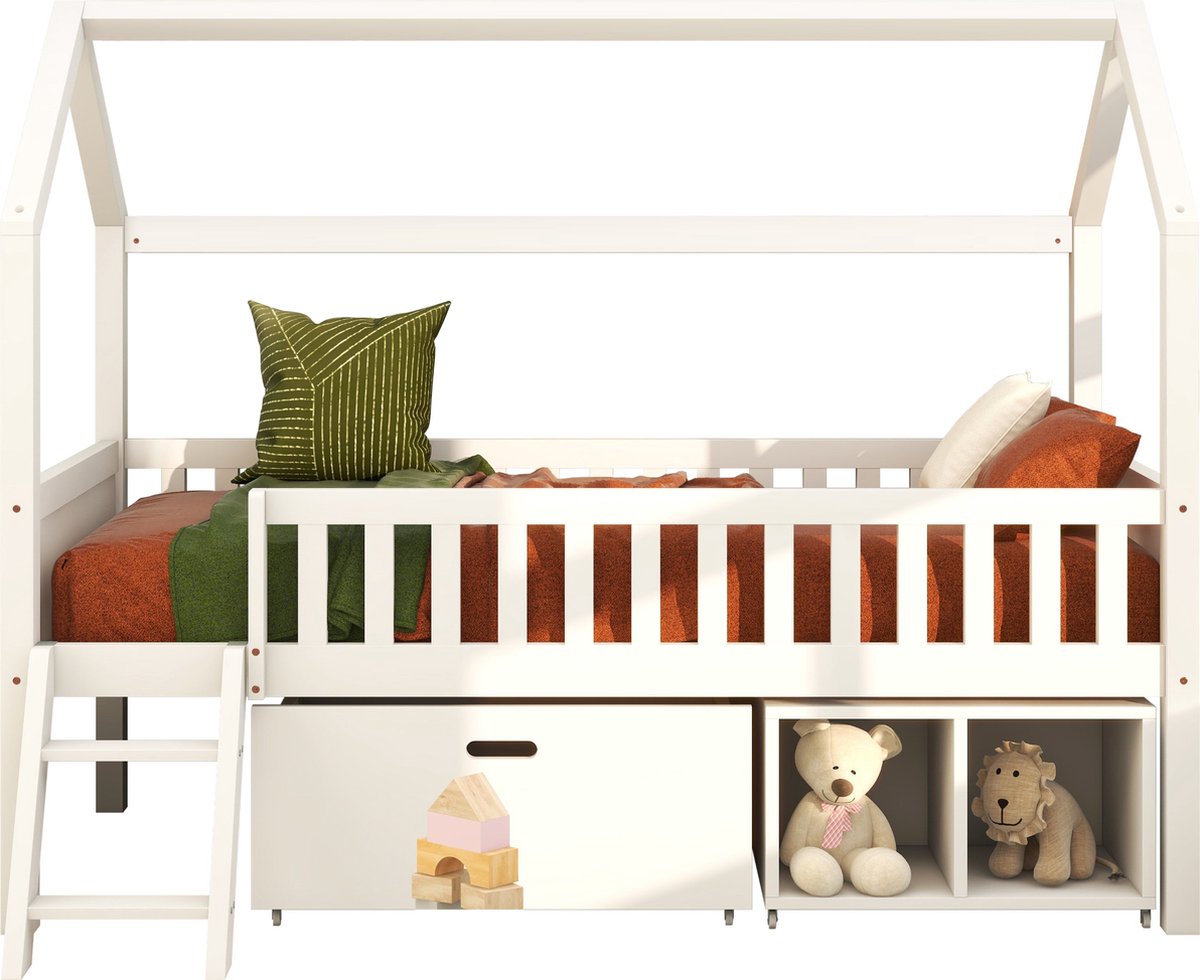 Merax Huisbed Kinderbed 90x200 cm met Lades en Opbergruimte - Bed met Uitvalbeveiliging - Wit