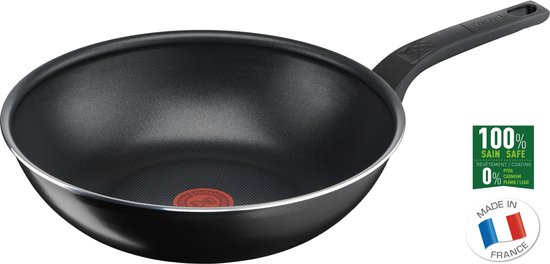 Zwarte Tefal wokpan met rode Thermo-Spot indicator, '100% SAIN SAFE' en 'MADE IN FRANCE' logo's.