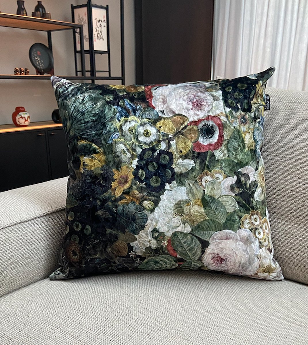 Zippi Design Flower Art Sierkussen 55 x 55 cm Luxe (veren vulling) kleur zwart wit groen rood geel bloemen