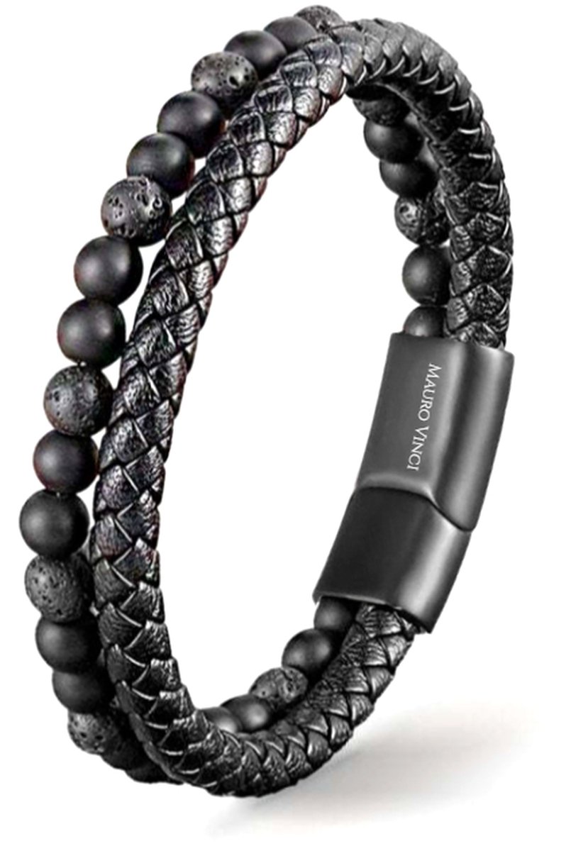 Armband leer heren dames dik snoer - Leren armband zwart Mauro Vinci® Meo 21cm