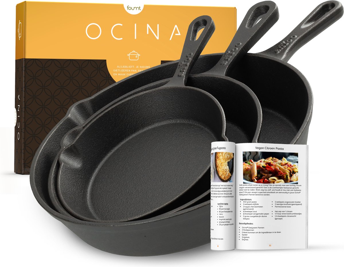 Bol.com Ocina Gietijzeren Pannen Set voor BBQ en Inductie – 16cm – 19.5cm - 25cm – Koekenpan – Hapjespan - Skillet aanbieding