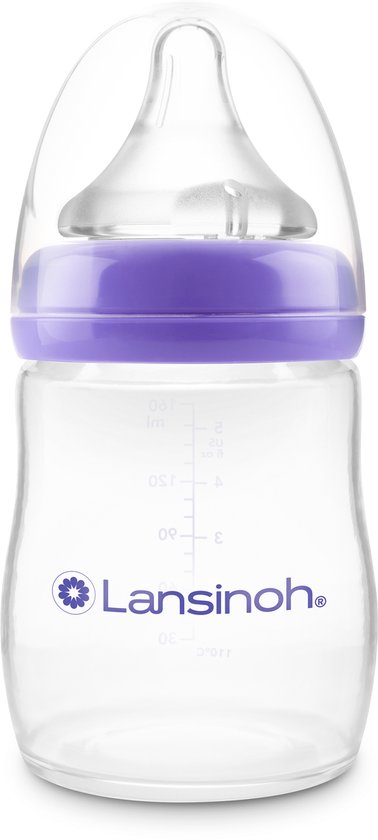 Lansinoh NaturalWave babyfles van 160 ml met paarse ring en transparante speen.
