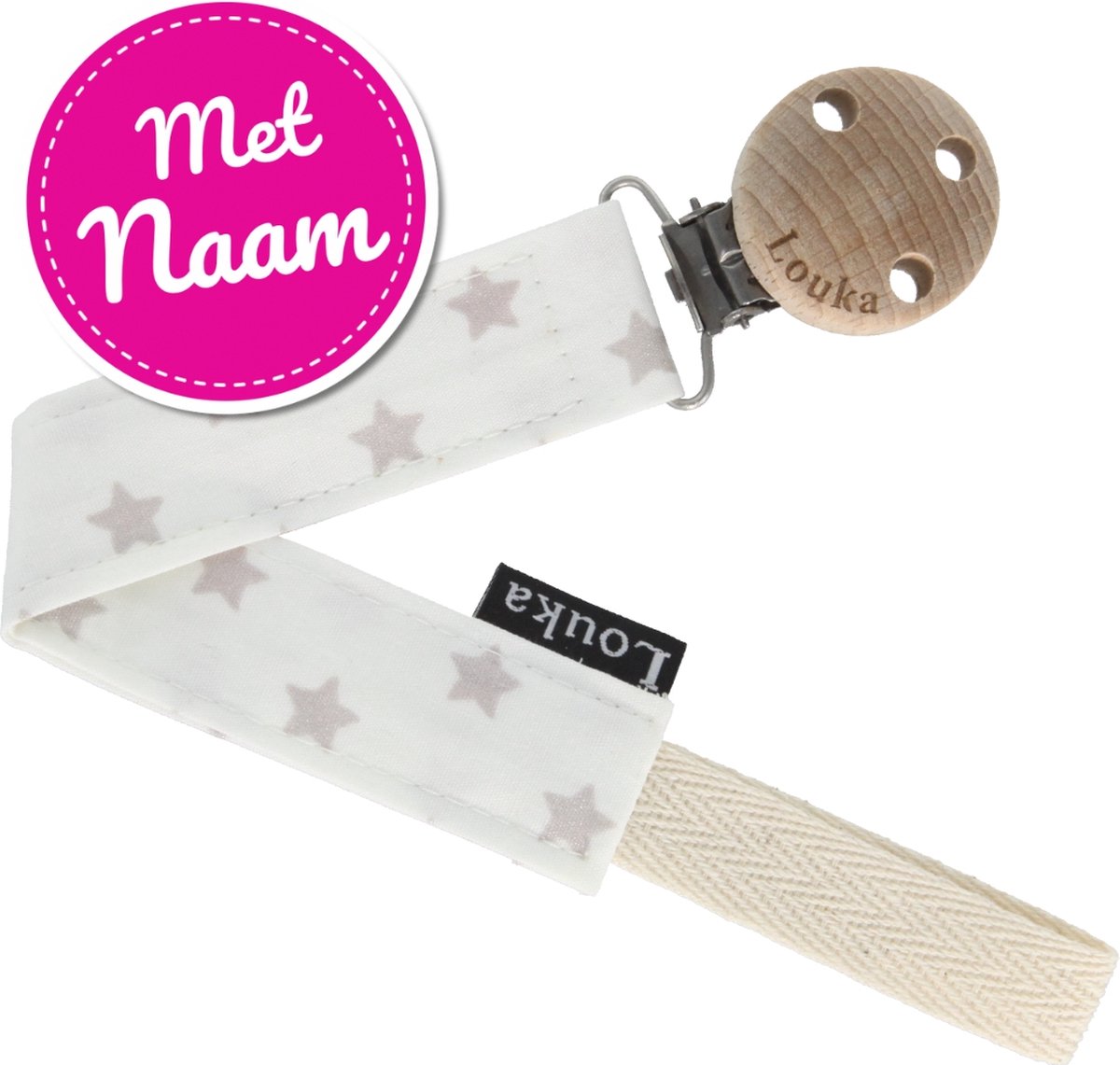 Goedkoopste Louka speenkoord met naam wit met zilveren ster