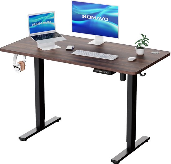 Zit-sta bureau elektrisch verstelbaar 140x70cm, Geheugenfunctie en anti-botsing, USB-A en TYPE C Poorten, Verstelbare Hoogte (Walnootkleur)