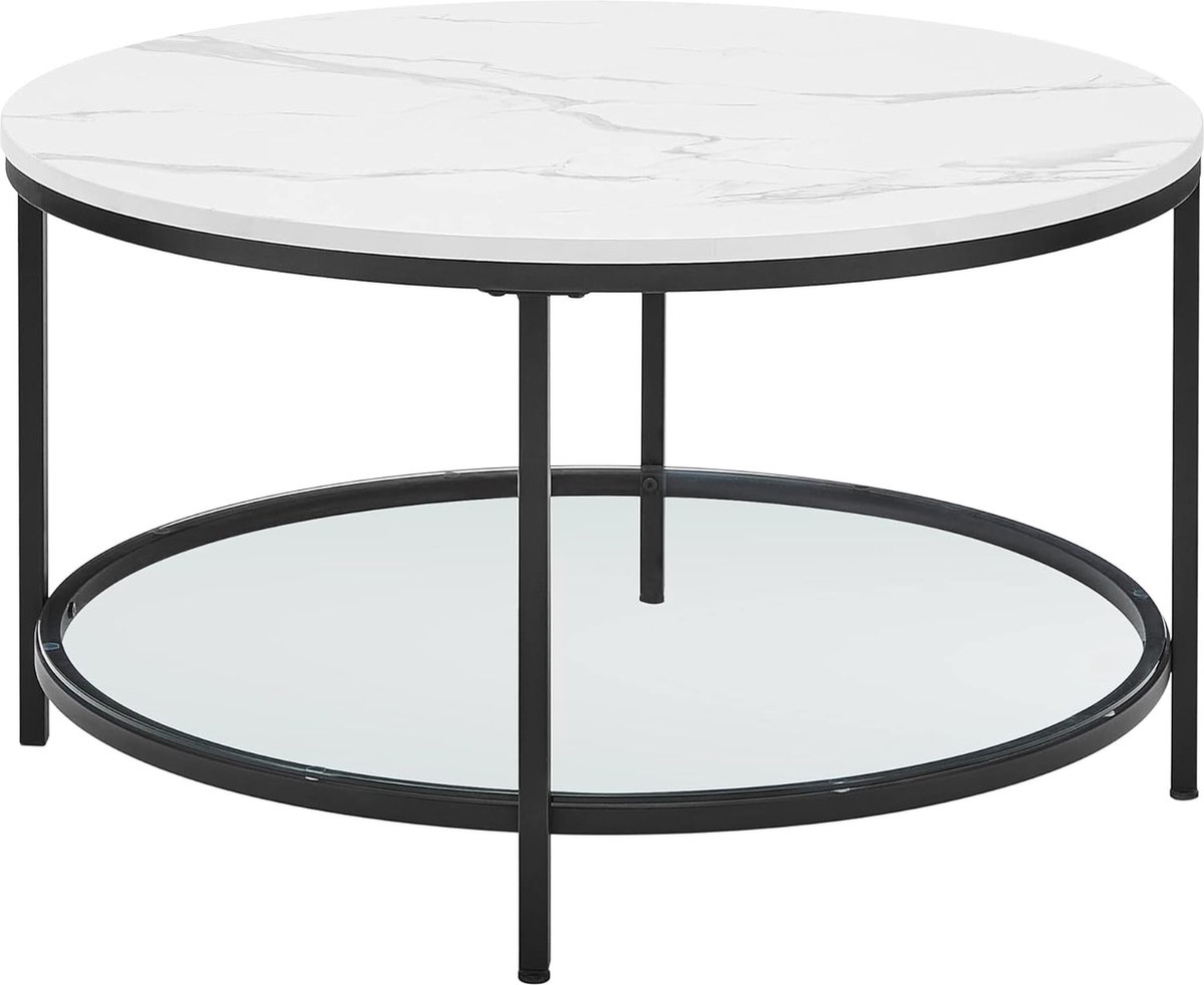 MAZAZU MIRA Home Salontafel Rond - Glazen Blad Marmerlook - Metalen Onderstel - Wit Zwart - 80x80x44,5 cm Marmer Wit + Zwart