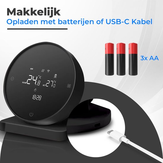 Draadloze Programmeerbare Kamerthermostaat Met Type C Oplaadkabel - Voor Gasketel 2-Draads