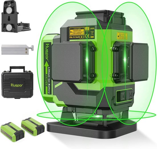 Huepar 4x360° kruislijnlaser Zelfnivellerende 4D groene straal Bluetooth-connectiviteit Laserniveau-360 horizontale en verticale laserlijnen, afstandsbediening, magnetische houder -P04CG