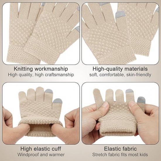 Gedetailleerde weergave van de crèmekleurige gebreide handschoenen met een rekbare manchet en touchscreen-vingertoppen.