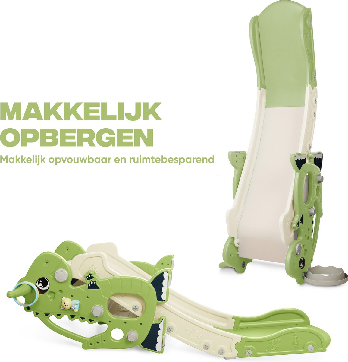 Rockerz Premium Glijbaan - Voor binnen en buiten - Speelplezier gegarandeerd - Opvouwbaar - Veilige dichte trap - Ringen spel - Basketbal ring (inclusief bal) - Muziek beertje - Kleur: Lichtgroen — afbeelding 9