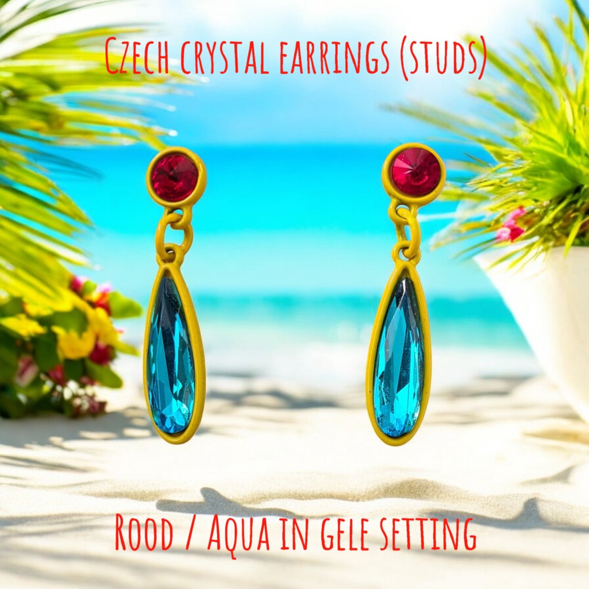 Fashion Jewelry - Wannahave - Bright Bling Bangles oorbellen / oorstekers - basis geel - Czech crystal Rood en Aqua Blauw - 3,8 x 0,8 cm - volwassenen jeugd - dames meisjes - casual feest