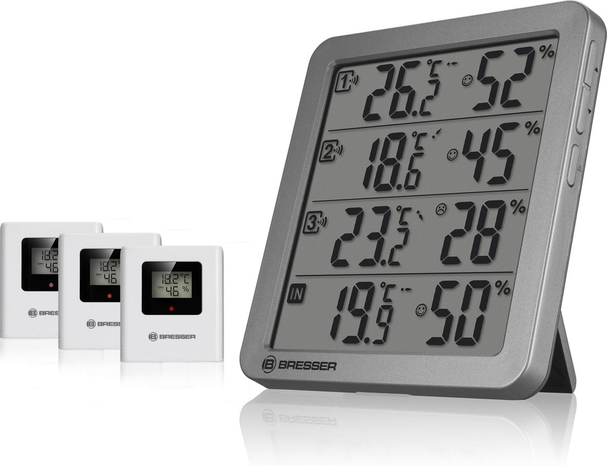 Bresser Weerstation - Quadro NV Thermo-/ Hygrometer- 3 Sensoren - Grijs